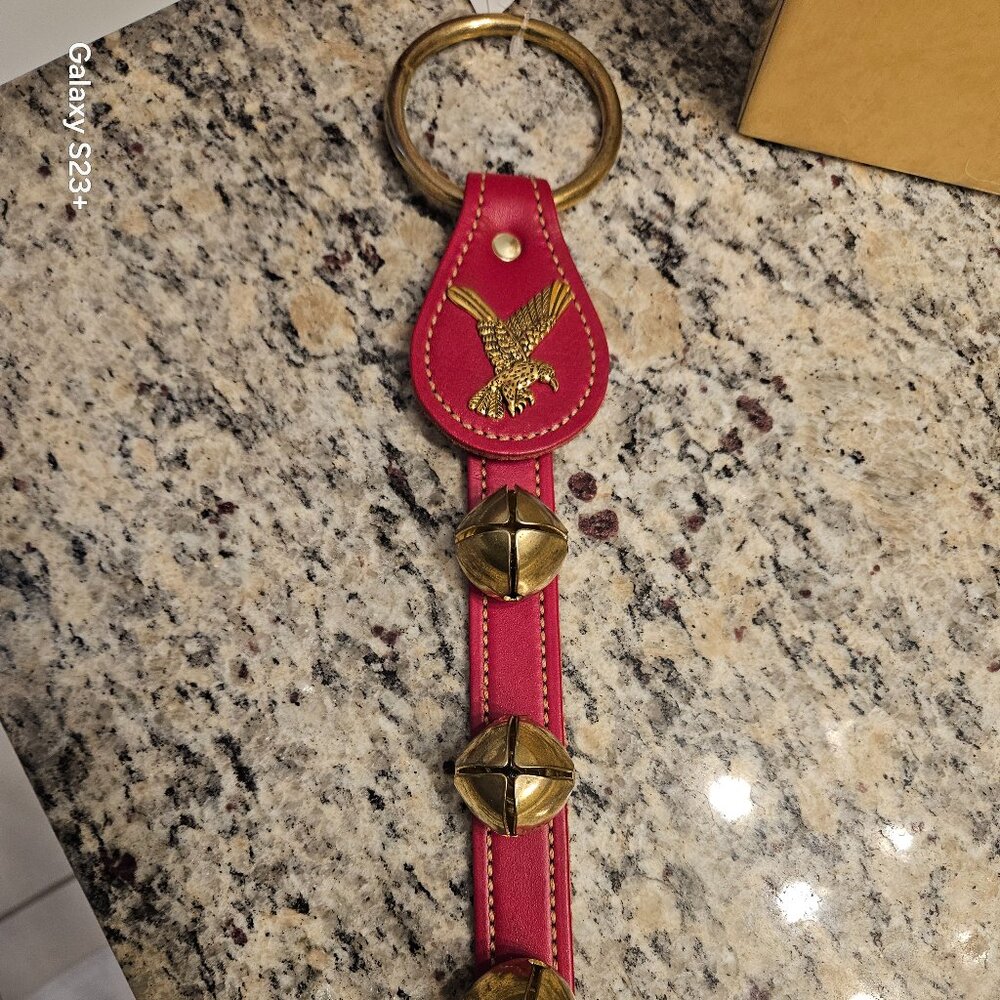 RARE BELSNICKEL EAGLE RED LEATHER 3 BRASS GOLD DOOR CHIME CHRISTMAS BELLS HANGER